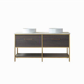 Vinnonva Murcia 60'' W Freestanding Double Sink Bathroom Vanity in Suleiman Oak with Brushed Gold Frame, White Composite Grain Stone Countertop, and Vessel Sinks, 60'' Suleiman Oak / Brushed Gold Front View