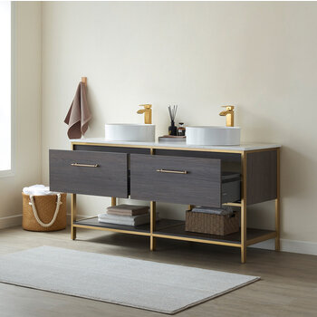 Vinnonva Murcia 60'' W Freestanding Double Sink Bathroom Vanity in Suleiman Oak with Brushed Gold Frame, White Composite Grain Stone Countertop, and Vessel Sinks, 60'' Suleiman Oak / Brushed Gold Lifestyle Opened View