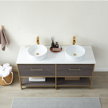 Vinnonva Murcia 60'' W Freestanding Double Sink Bathroom Vanity in Suleiman Oak with Brushed Gold Frame, White Composite Grain Stone Countertop, and Vessel Sinks, 60'' Suleiman Oak / Brushed Gold Overhead View