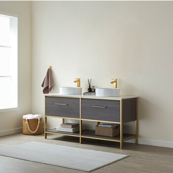 Vinnonva Murcia 60'' W Freestanding Double Sink Bathroom Vanity in Suleiman Oak with Brushed Gold Frame, White Composite Grain Stone Countertop, and Vessel Sinks, 60'' Suleiman Oak / Brushed Gold Lifestyle Angle View