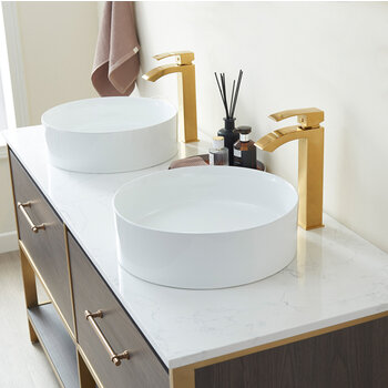 Vinnonva Murcia 60'' W Freestanding Double Sink Bathroom Vanity in Suleiman Oak with Brushed Gold Frame, White Composite Grain Stone Countertop, and Vessel Sinks, 60'' Suleiman Oak / Brushed Gold Sink Close Up View