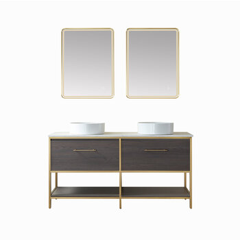 Vinnonva Murcia 60'' W Freestanding Double Sink Bathroom Vanity Set in Suleiman Oak with Brushed Gold Frame, White Composite Grain Stone Countertop, Vessel Sinks, and Mirrors, 60'' Suleiman Oak / Brushed Gold Set w/ Mirrors Front View