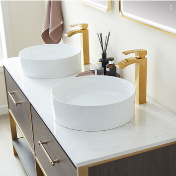 Vinnonva Murcia 60'' W Freestanding Double Sink Bathroom Vanity Set in Suleiman Oak with Brushed Gold Frame, White Composite Grain Stone Countertop, Vessel Sinks, and Mirrors, 60'' Suleiman Oak / Brushed Gold Set w/ Mirrors Sink Close Up View