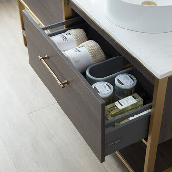 Vinnonva Murcia 60'' W Freestanding Double Sink Bathroom Vanity Set in Suleiman Oak with Brushed Gold Frame, White Composite Grain Stone Countertop, Vessel Sinks, and Mirrors, 60'' Suleiman Oak / Brushed Gold Set w/ Mirrors Drawer View