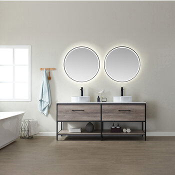 Vinnonva Murcia 72'' W Freestanding Double Sink Bathroom Vanity Set in Mexican Oak with Matte Black Frame, White Composite Grain Stone Countertop, Vessel Sinks, and Mirrors, 72'' Mexican Oak / Matte Black Set w/ Mirrors Front View
