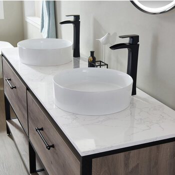 Vinnonva Murcia 72'' W Freestanding Double Sink Bathroom Vanity Set in Mexican Oak with Matte Black Frame, White Composite Grain Stone Countertop, Vessel Sinks, and Mirrors, 72'' Mexican Oak / Matte Black Set w/ Mirrors Sink Close Up View