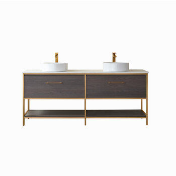 Vinnonva Murcia 72'' W Freestanding Double Sink Bathroom Vanity in Suleiman Oak with Brushed Gold Frame, White Composite Grain Stone Countertop, and Vessel Sinks, 72'' Suleiman Oak / Brushed Gold Product View