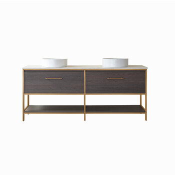 Vinnonva Murcia 72'' W Freestanding Double Sink Bathroom Vanity in Suleiman Oak with Brushed Gold Frame, White Composite Grain Stone Countertop, and Vessel Sinks, 72'' Suleiman Oak / Brushed Gold Front View