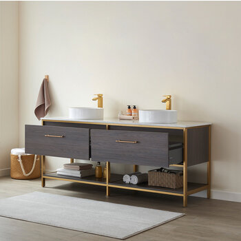 Vinnonva Murcia 72'' W Freestanding Double Sink Bathroom Vanity in Suleiman Oak with Brushed Gold Frame, White Composite Grain Stone Countertop, and Vessel Sinks, 72'' Suleiman Oak / Brushed Gold Lifestyle Opened View
