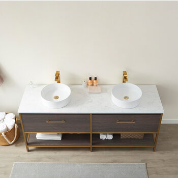 Vinnonva Murcia 72'' W Freestanding Double Sink Bathroom Vanity in Suleiman Oak with Brushed Gold Frame, White Composite Grain Stone Countertop, and Vessel Sinks, 72'' Suleiman Oak / Brushed Gold Overhead View
