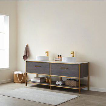 Vinnonva Murcia 72'' W Freestanding Double Sink Bathroom Vanity in Suleiman Oak with Brushed Gold Frame, White Composite Grain Stone Countertop, and Vessel Sinks, 72'' Suleiman Oak / Brushed Gold Lifestyle Angle View