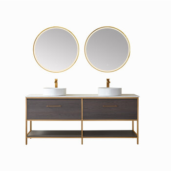 Vinnonva Murcia 72'' W Freestanding Double Sink Bathroom Vanity Set in Suleiman Oak with Brushed Gold Frame, White Composite Grain Stone Countertop, Vessel Sinks, and Mirrors, 72'' Suleiman Oak / Brushed Gold Set w/ Mirrors Product View