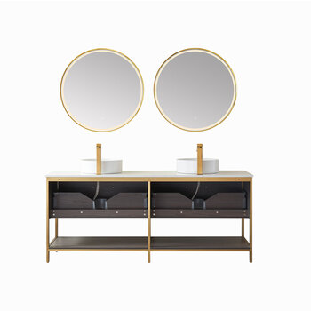 Vinnonva Murcia 72'' W Freestanding Double Sink Bathroom Vanity Set in Suleiman Oak with Brushed Gold Frame, White Composite Grain Stone Countertop, Vessel Sinks, and Mirrors, 72'' Suleiman Oak / Brushed Gold Set w/ Mirrors Back View