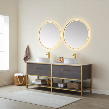 Vinnonva Murcia 72'' W Freestanding Double Sink Bathroom Vanity Set in Suleiman Oak with Brushed Gold Frame, White Composite Grain Stone Countertop, Vessel Sinks, and Mirrors, 72'' Suleiman Oak / Brushed Gold Set w/ Mirrors Angle View