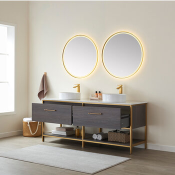 Vinnonva Murcia 72'' W Freestanding Double Sink Bathroom Vanity Set in Suleiman Oak with Brushed Gold Frame, White Composite Grain Stone Countertop, Vessel Sinks, and Mirrors, 72'' Suleiman Oak / Brushed Gold Set w/ Mirrors Opened View