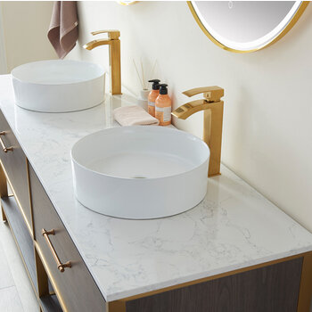 Vinnonva Murcia 72'' W Freestanding Double Sink Bathroom Vanity Set in Suleiman Oak with Brushed Gold Frame, White Composite Grain Stone Countertop, Vessel Sinks, and Mirrors, 72'' Suleiman Oak / Brushed Gold Set w/ Mirrors Sink Close Up View