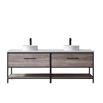 Vinnonva Murcia 84'' W Freestanding Double Sink Bathroom Vanity in Mexican Oak with Matte Black Frame, White Composite Grain Stone Countertop, and Vessel Sinks, 84'' Mexican Oak / Matte Black Product View