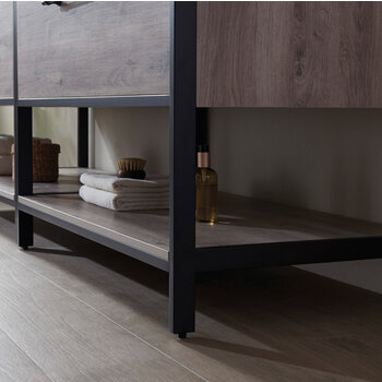 Vinnonva Murcia 84'' W Freestanding Double Sink Bathroom Vanity in Mexican Oak with Matte Black Frame, White Composite Grain Stone Countertop, and Vessel Sinks, 84'' Mexican Oak / Matte Black Frame View