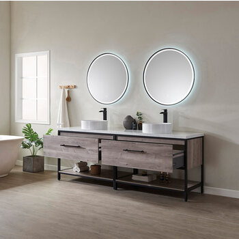Vinnonva Murcia 84'' W Freestanding Double Sink Bathroom Vanity Set in Mexican Oak with Matte Black Frame, White Composite Grain Stone Countertop, Vessel Sinks, and Mirrors, 84'' Mexican Oak / Matte Black Set w/ Mirrors Opened View