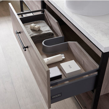Vinnonva Murcia 84'' W Freestanding Double Sink Bathroom Vanity Set in Mexican Oak with Matte Black Frame, White Composite Grain Stone Countertop, Vessel Sinks, and Mirrors, 84'' Mexican Oak / Matte Black Set w/ Mirrors Drawer View