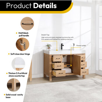 Vinnonva Leon 48'' W Freestanding Single Bathroom Vanity in Fir Wood Brown with Lightning White Composite Sink Top, 48'' Brown w/ White Top Product Details