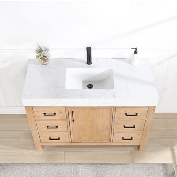 Vinnonva Leon 48'' W Freestanding Single Bathroom Vanity in Fir Wood Brown with Lightning White Composite Sink Top, 48'' Brown w/ White Top Overhead View
