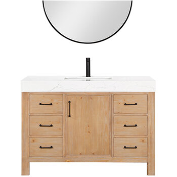 Vinnonva Leon 48'' W Freestanding Single Bathroom Vanity Set in Fir Wood Brown with Lightning White Composite Sink Top, and Mirror, 48'' Brown w/ White Top Set w/ Mirror Product View