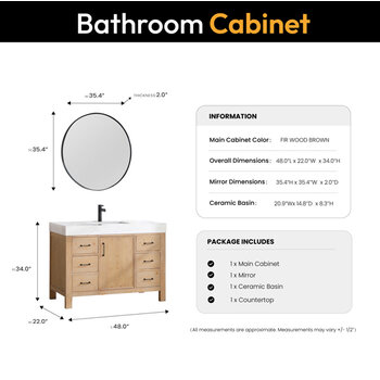 Vinnonva Leon 48'' W Freestanding Single Bathroom Vanity Set in Fir Wood Brown with Lightning White Composite Sink Top, and Mirror, 48'' Brown w/ White Top Set w/ Mirror Dimensions