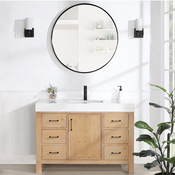 Vinnonva Leon 48'' W Freestanding Single Bathroom Vanity Set in Fir Wood Brown with Lightning White Composite Sink Top, and Mirror, 48'' Brown w/ White Top Set w/ Mirror Front View