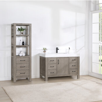 Vinnonva Leon 48'' W Freestanding Single Bathroom Vanity in Fir Wood Grey with Lightning White Composite Sink Top, 48'' Grey w/ White Top Lifestyle Angle View