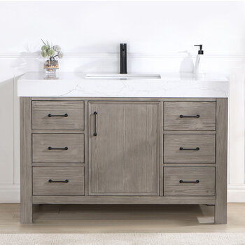 Vinnonva Leon 48'' W Freestanding Single Bathroom Vanity in Fir Wood Grey with Lightning White Composite Sink Top, 48'' Grey w/ White Top Front View