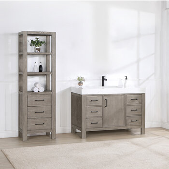 Vinnonva Leon 48'' W Freestanding Single Bathroom Vanity in Fir Wood Grey with Lightning White Composite Sink Top, 48'' Grey w/ White Top Lifestyle View