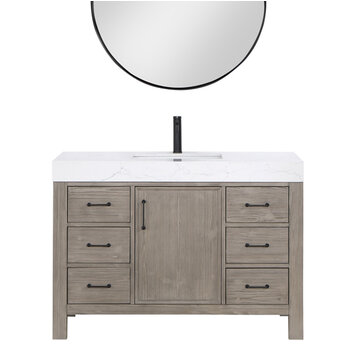 Vinnonva Leon 48'' W Freestanding Single Bathroom Vanity Set in Fir Wood Grey with Lightning White Composite Sink Top, and Mirror, 48'' Grey w/ White Top Set w/ Mirror Product View