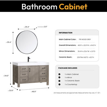 Vinnonva Leon 48'' W Freestanding Single Bathroom Vanity Set in Fir Wood Grey with Lightning White Composite Sink Top, and Mirror, 48'' Grey w/ White Top Set w/ Mirror Dimensions