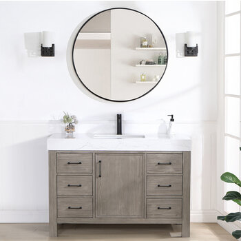 Vinnonva Leon 48'' W Freestanding Single Bathroom Vanity Set in Fir Wood Grey with Lightning White Composite Sink Top, and Mirror, 48'' Grey w/ White Top Set w/ Mirror Front View