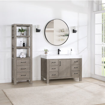 Vinnonva Leon 48'' W Freestanding Single Bathroom Vanity Set in Fir Wood Grey with Lightning White Composite Sink Top, and Mirror, 48'' Grey w/ White Top Set w/ Mirror Lifestyle Front View