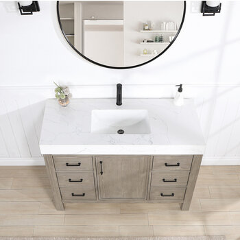 Vinnonva Leon 48'' W Freestanding Single Bathroom Vanity Set in Fir Wood Grey with Lightning White Composite Sink Top, and Mirror, 48'' Grey w/ White Top Set w/ Mirror Overhead View