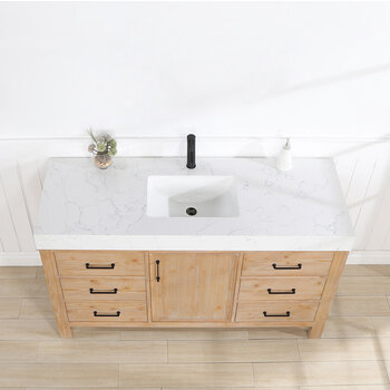 Vinnonva Leon 60'' W Freestanding Single Bathroom Vanity in Fir Wood Brown with Lightning White Composite Sink Top, 60'' Brown w/ White Top Overhead View