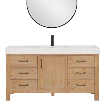 Vinnonva Leon 60'' W Freestanding Single Bathroom Vanity Set in Fir Wood Brown with Lightning White Composite Sink Top, and Mirror, 60'' Brown w/ White Top Set w/ Mirror Product View