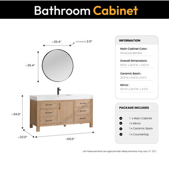 Vinnonva Leon 60'' W Freestanding Single Bathroom Vanity Set in Fir Wood Brown with Lightning White Composite Sink Top, and Mirror, 60'' Brown w/ White Top Set w/ Mirror Dimensions
