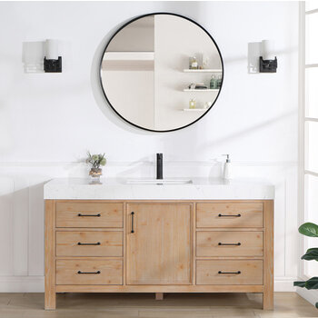 Vinnonva Leon 60'' W Freestanding Single Bathroom Vanity Set in Fir Wood Brown with Lightning White Composite Sink Top, and Mirror, 60'' Brown w/ White Top Set w/ Mirror Front View