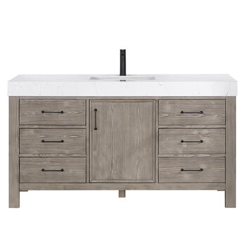 Vinnonva Leon 60'' W Freestanding Single Bathroom Vanity in Fir Wood Grey with Lightning White Composite Sink Top, 60'' Grey w/ White Top Product View