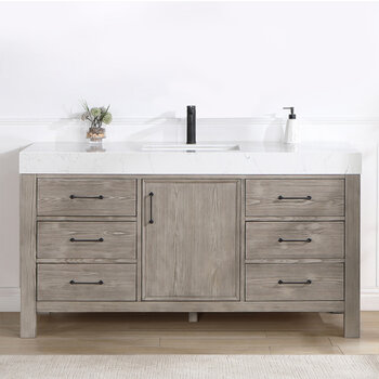 Vinnonva Leon 60'' W Freestanding Single Bathroom Vanity in Fir Wood Grey with Lightning White Composite Sink Top, 60'' Grey w/ White Top Front View