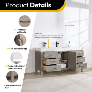 Vinnonva Leon 60'' W Freestanding Single Bathroom Vanity in Fir Wood Grey with Lightning White Composite Sink Top, 60'' Grey w/ White Top Product Details