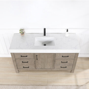 Vinnonva Leon 60'' W Freestanding Single Bathroom Vanity in Fir Wood Grey with Lightning White Composite Sink Top, 60'' Grey w/ White Top Overhead View