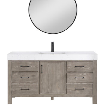 Vinnonva Leon 60'' W Freestanding Single Bathroom Vanity Set in Fir Wood Grey with Lightning White Composite Sink Top, and Mirror, 60'' Grey w/ White Top Set w/ Mirror Product View