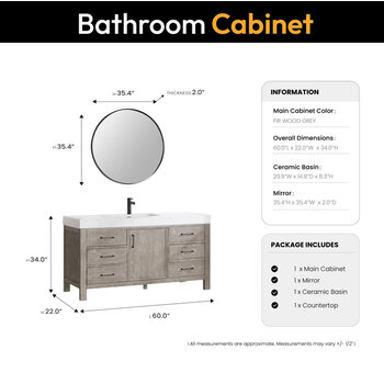 Vinnonva Leon 60'' W Freestanding Single Bathroom Vanity Set in Fir Wood Grey with Lightning White Composite Sink Top, and Mirror, 60'' Grey w/ White Top Set w/ Mirror Dimensions