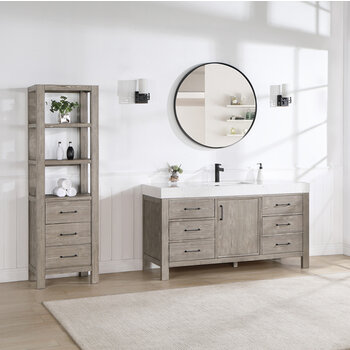 Vinnonva Leon 60'' W Freestanding Single Bathroom Vanity Set in Fir Wood Grey with Lightning White Composite Sink Top, and Mirror, 60'' Grey w/ White Top Set w/ Mirror Lifestyle Angle View