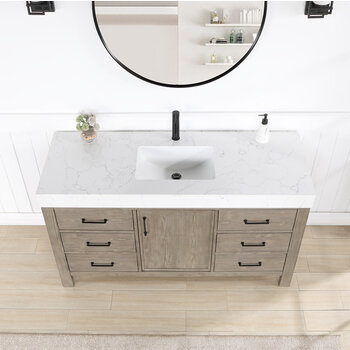 Vinnonva Leon 60'' W Freestanding Single Bathroom Vanity Set in Fir Wood Grey with Lightning White Composite Sink Top, and Mirror, 60'' Grey w/ White Top Set w/ Mirror Overhead View