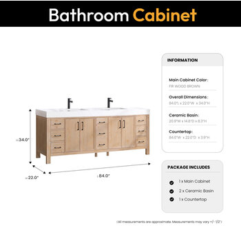 Vinnonva Leon 84'' W Freestanding Double Bathroom Vanity in Fir Wood Brown with Lightning White Composite Sink Top, Brown w/ White Top Dimensions